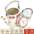 SOUJOY 3.5 Quart Enamel Tea Kettle for Stovetop, Vintage Floral Teapot with Stainlees Steel Infuser and Heat-Resistant Handle for Home Kitchen Camping, Perfect Housewarming Wedding Gift