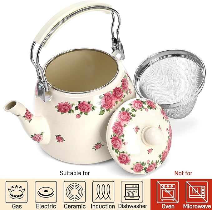 SOUJOY 3.5 Quart Enamel Tea Kettle for Stovetop, Vintage Floral Teapot with Stainlees Steel Infuser and Heat-Resistant Handle for Home Kitchen Camping, Perfect Housewarming Wedding Gift