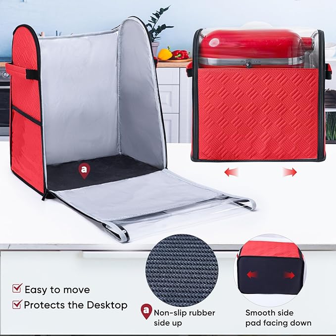BAGSPRITE Full Open Stand Mixer Cover with Slider Base Compatible with KitchenAid 6-8 Qt Bowl-Lift Mixers – Dustproof Quilted Kitchen Aid Mixer Cover with Pockets for Accessories & Attachments
