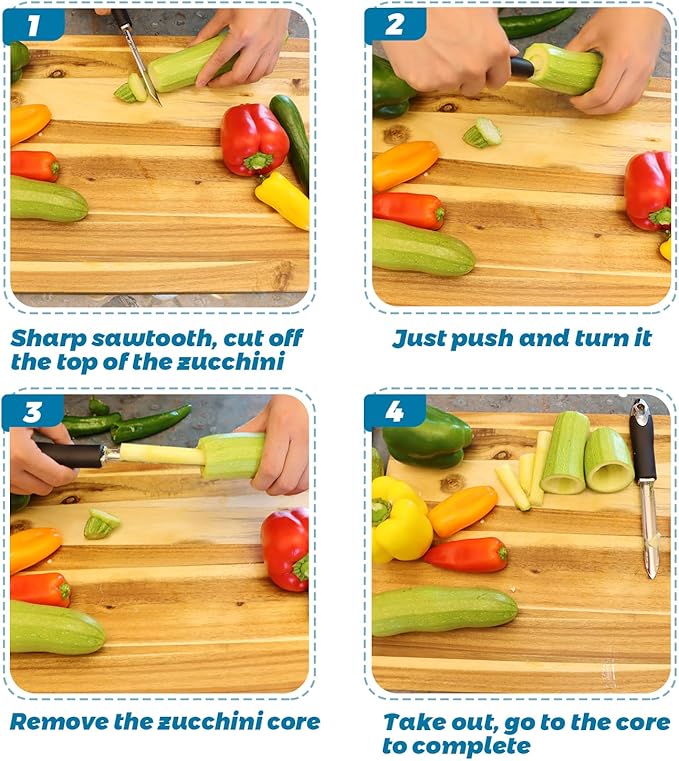 Jalapeno Pepper Corer, Set of 2, Stainless Steel Zucchini Cucumber Corer with Serrated Slice and Rubber Handle, Core Deseeder for Jalapenos, Chilis, Bell Peppers