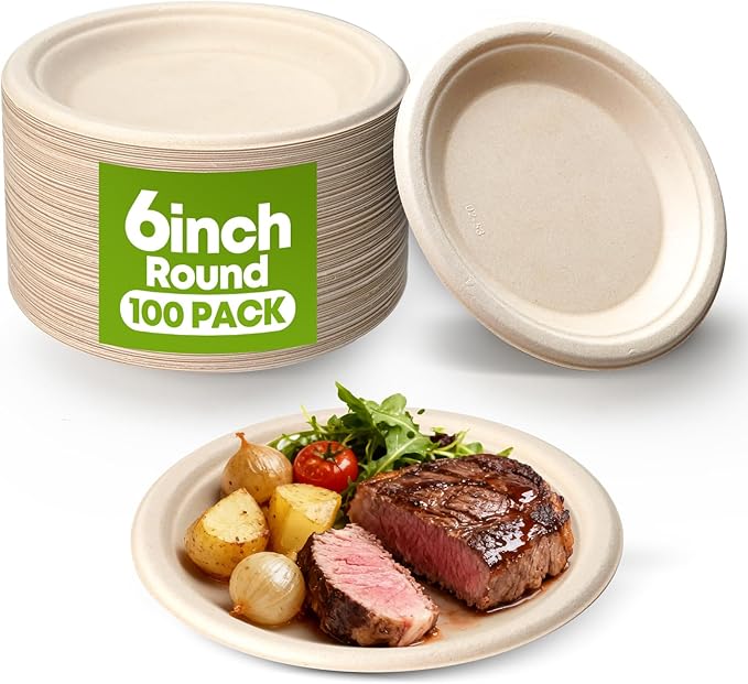 W&Y 100 Pack 6 Inch Disposable Small Paper Plates,Heavy Duty Dessert Plates - Compostable, Microwave-Safe, Leak-Proof, Ideal for Parties, Picnics & Daily Use