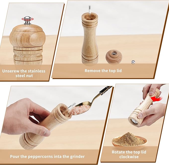 Gulex® Wood Pepper Grinder Pepper Mill,Adjustable Coarseness 8 Inch Wooden Peppermill, Ceramic Grinding Mechanism Salt Mill Refillable (1 pack) (Light-2PC)