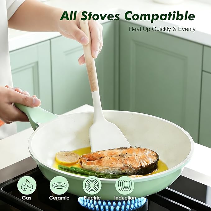 SENSARTE Nonstick Ceramic Frying Pan 9.5-Inch, Healthy Non Toxic Skillet, Induction Compatible Omelet Pan with Heat Resistant Handle, PFAS-Free, Mint Green