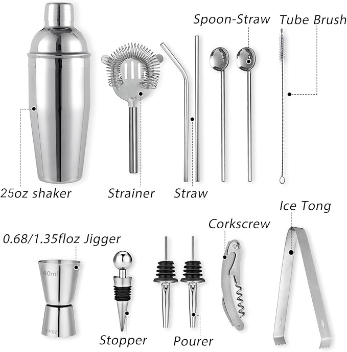 Cocktail Shaker Set Bartender Kit, Godmorn 15Pcs Bartender Shaker Set, 304 Stainless Steel Martini Shaker and Strainer, Bar Tool Set with Bamboo Stand, Recipe Book, for Home and Bar Party