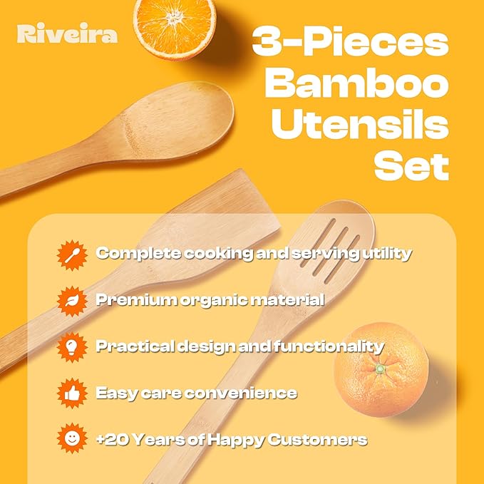 Riveira Bamboo Wooden Spoons for Cooking 3-Piece, Apartment Essentials Wood Spatula Spoon Nonstick Kitchen Utensil Set Premium Quality Housewarming Gifts for Everyday Use