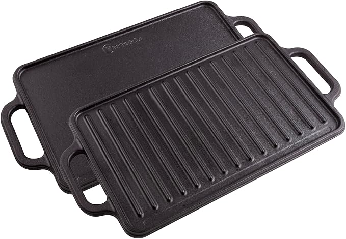 Victoria Rectangular Cast Iron Griddle. Double Burner Griddle, Reversible Grill, 13 x 8.5 Inch, Seasoned with 100% Kosher Certified Non-GMO Flaxseed Oil, Model: GDL-189