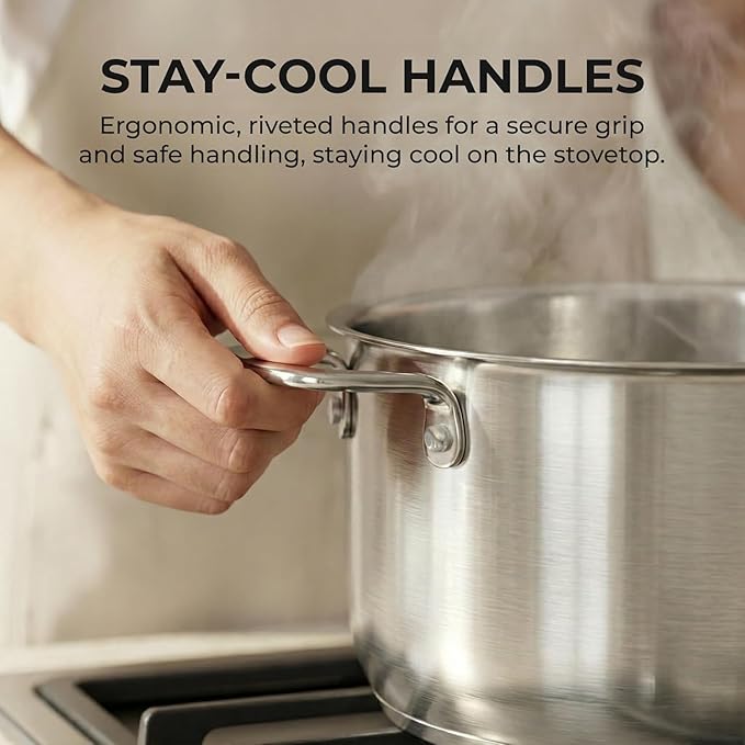 SUNHOUSE 18/8 Stainless Steel Stock Pot - 6.5 Quart Heavy-Duty Induction Cooking Pot with Visible Lid for Pasta, Soup, Spaghetti - Nonstick Thick-Bottom Deep Stockpot