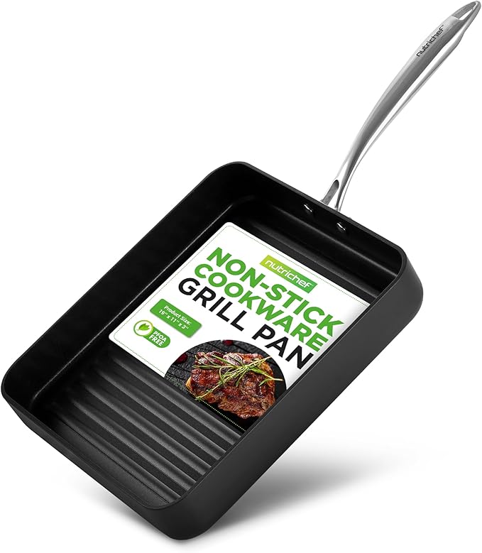 NutriChef 11" Non-Stick Grill Pan for Indoor Cooking - Hard Anodized Grill Pan for Stove Tops with High Ridges, Strong Handles, Dishwasher Safe