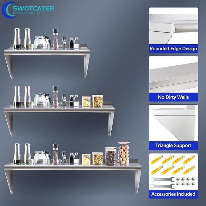 2 Pack Stainless Steel Shelf 12"x24" 260LB, Commercial Wall Mounted Metal Shelving for Home Kitchen, Restaurant
