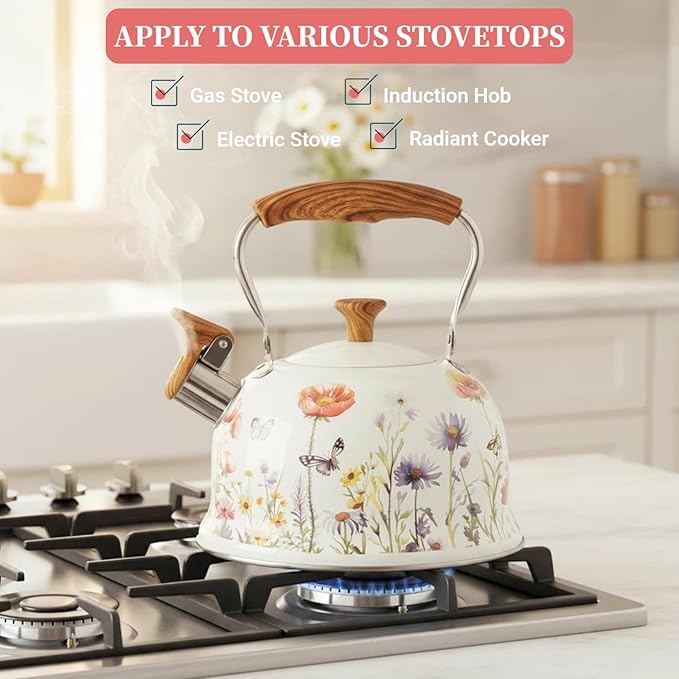 Tea Kettle for Stove Top, 2.7 Quart Whistling Kettle with Floral Pattern for Boiling Water Coffee or Milk, Stainless Steel Tea Pots with Wood Pattern Folding Handle, Work for All Stovetops
