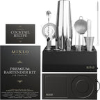 Mixology Bartender Kit -15Pcs Bar Set Cocktail Shaker Set w Black Bar Cart Accessories Stand - Shakers Bartending Silver Tools, 24oz Shaker, 17 Recipe Cards, Martini Barware