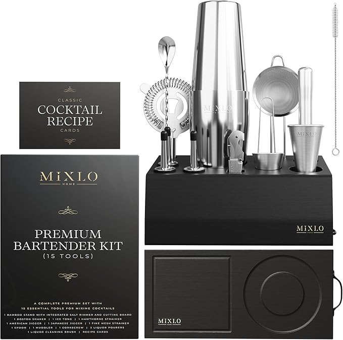 Mixology Bartender Kit -15Pcs Bar Set Cocktail Shaker Set w Black Bar Cart Accessories Stand - Shakers Bartending Silver Tools, 24oz Shaker, 17 Recipe Cards, Martini Barware