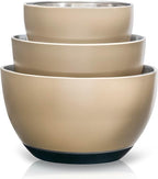 WHYSKO Stainless Steel Mixing Bowls Set of 3 with Non-Slip Silicone Base, Nesting Metal Bowls for Meal Prep, Baking, Cooking & Food Storage, Dishwasher Safe Kitchen Mixing Bowls, Tan