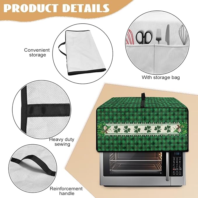 Shamrock Gnome Dog Print Toaster Oven Cover for St. Patrick's Day Decor, Checkered Pattern Microwave Cover for Kitchen Countertop Appliance Dust Protector Oven Accessories, Green, M
