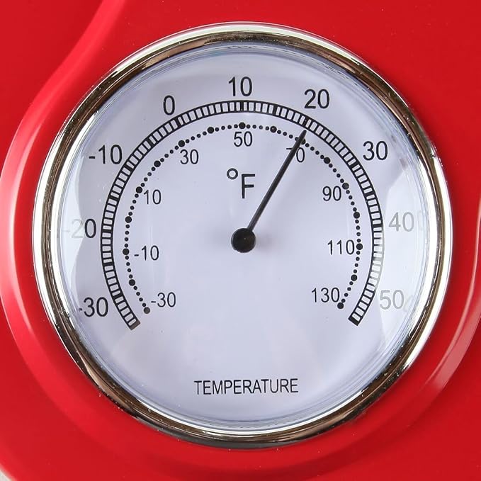 Lily's Home - 9.5 Inch x 12.5 Inch - Retro Kitchen Wall Clock, Vintage Wall Clock with a Thermometer and 60-Minute Timer, Ideal for Any Kitchen, Office, or Diner (Red)