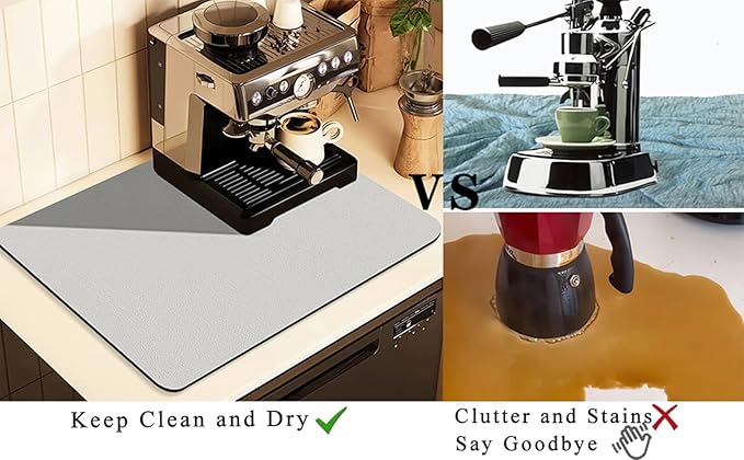 Coffee Mat for Countertops ,Coffee Bar Accessories Fit Under Coffee Maker Espresso Machine, Absorbent Hide Stain Rubber Mat for Countertop ,Dish Drying Mat for Kitchen Counter (Light Gray, 17"x31.5")