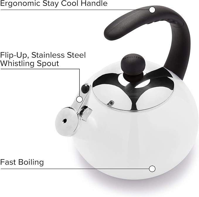 Farberware Luna Water Kettle, Whistling Tea Pot, Works For All Stovetops, Porcelain Enamel on Carbon Steel, BPA-Free, Rust-Proof, Stay Cool Handle, 2.5qt (10 Cups) Capacity (White)