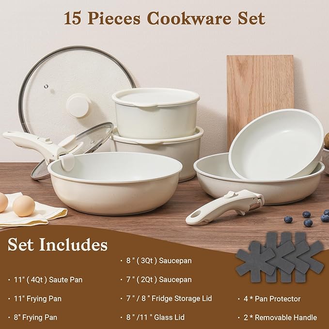 SODAY 15Pcs Pots and Pans Set Non Stick, Cookware Sets with Detachable Handle, Nonstick RV Kitchen Cooking Tools Removable Handles, Oven Safe, Induction Fast, Stackable Induction Cookware, White