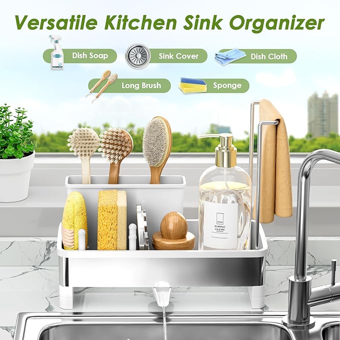 Ewaiira Stainless Steel Sink Caddy, Sponge Holder for Kitchen Sink with Brush Holder & Dishcloth Rack, Rustproof Organizer Countertop, Soap Dispenser Kitchen Organizers Storage Essentials, White 9.8″