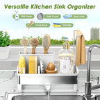 Ewaiira Stainless Steel Sink Caddy, Sponge Holder for Kitchen Sink with Brush Holder & Dishcloth Rack, Rustproof Organizer Countertop, Soap Dispenser Kitchen Organizers Storage Essentials, White 9.8″