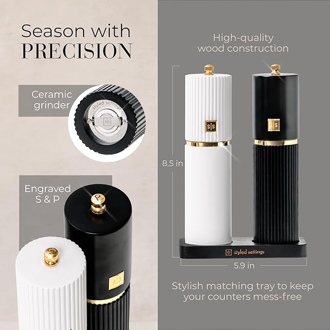 Wooden Salt and Pepper Grinder Set – Refillable Manual Salt and Pepper Mills with Adjustable Ceramic Burrs, Gold Detailing, and Wood Stand – Black and White