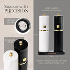 Wooden Salt and Pepper Grinder Set – Refillable Manual Salt and Pepper Mills with Adjustable Ceramic Burrs, Gold Detailing, and Wood Stand – Black and White