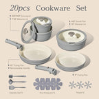 Carote 20pcs Ceramic Cookware Set with Detachable Handles, Pots and Pans Set Non Stick, RV Kitchen Cooking Pot and Pan, Dishwasher Safe, Non-toxic Induction Cookware PFAS and PFOA Free, Grey