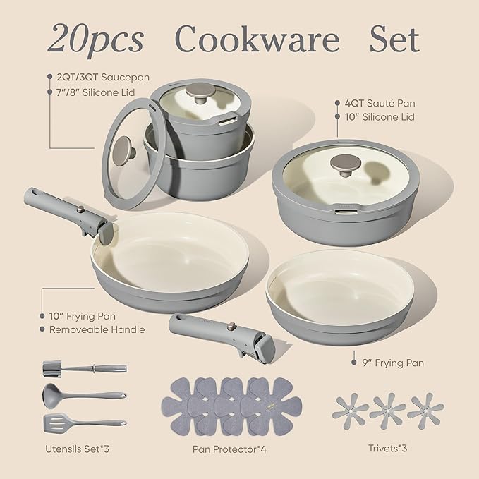 Carote 20pcs Ceramic Cookware Set with Detachable Handles, Pots and Pans Set Non Stick, RV Kitchen Cooking Pot and Pan, Dishwasher Safe, Non-toxic Induction Cookware PFAS and PFOA Free, Grey