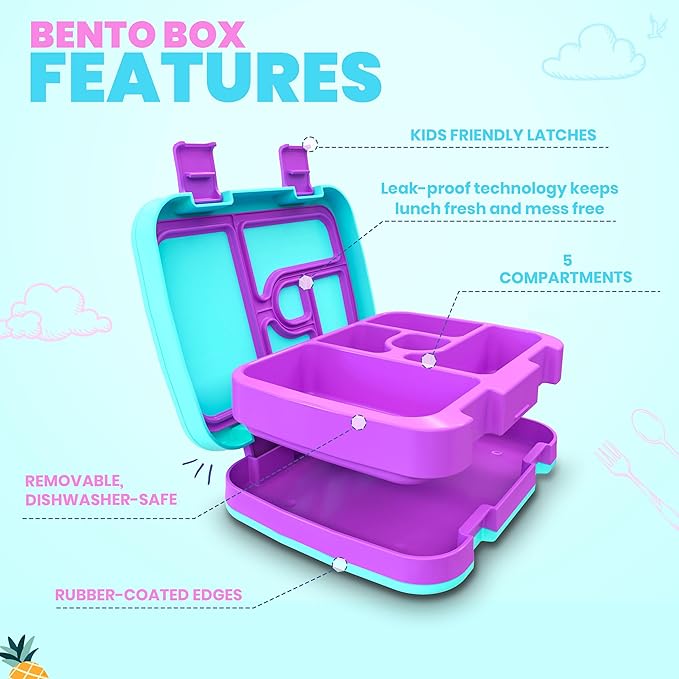 YOLAY Bento Box for Kids Lunch Box Leak-Proof, 5-Compartment Lunch Box Kids for Ages 3-10, Durable with Anti-Slip Base, Suitable for Schools, Outdoor and Travel (Mermaid) (Unicorn)