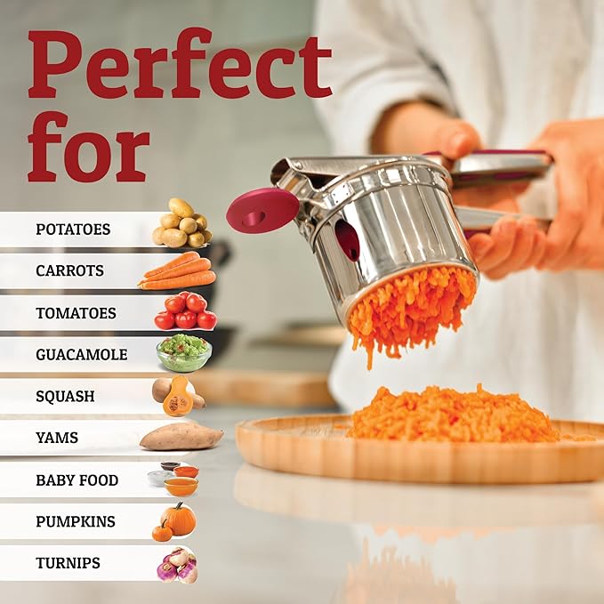 PriorityChef Large 15oz Potato Ricer, Heavy Duty Stainless Steel Potato Masher and Ricer Kitchen Tool, Press and Mash Kitchen Gadget For Perfect Mashed Potatoes - Everytime, Red