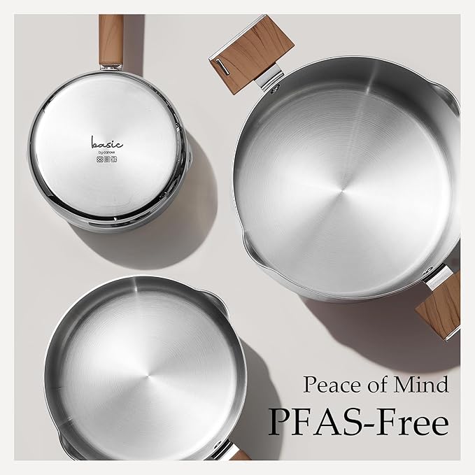 CAROTE1.5Qt & 3Qt Stainless Steel Saucepan Set, Triple Ply Stainless Steel Pot, Saucepan with Glass Lid, Small Sauce Pot with Wooden Handle, Easy Pour Rim