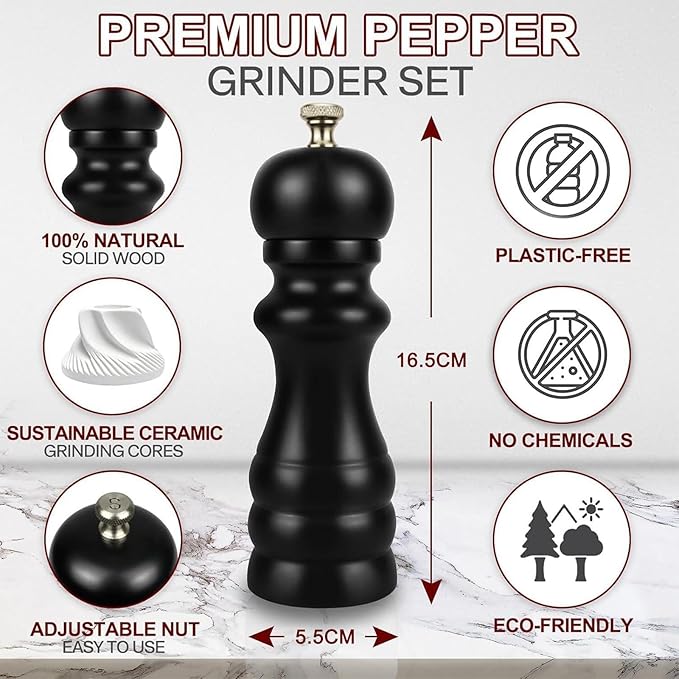 Salt and Pepper Grinder Set of 2, Manual Salt Mill & Pepper Mills with Adjustable Coarseness, Refillable Wood Spice Shakers, Kitchen Accessories for Chili, Sesame, Himalayan (Black and White)