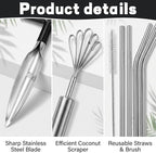 Coconut Opener Tool, 8-Piece Coconut Cutter Set with Stainless Steel Openers and Grater for Easy Coconut Preparation, Includes 4 Straws and Cleaning Brush for Complete Coconut Experience