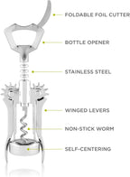 True Glider Winged Corkscrew Wine Opener with Foil Cutter, All in One Bottle Opener for Beers and Soft Drinks, Stainless Steel and Plastic with Sharp Screw, for Home Bar, Kitchen, Set of 1, Silver