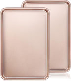 Wildone 2 Pack Jelly Roll Pan, Nonstick Baking Sheet for Oven, Thicker Carbon Steel Cookie Sheet 15x10 Inch, Heavy Duty & Easy Clean, Rose Gold