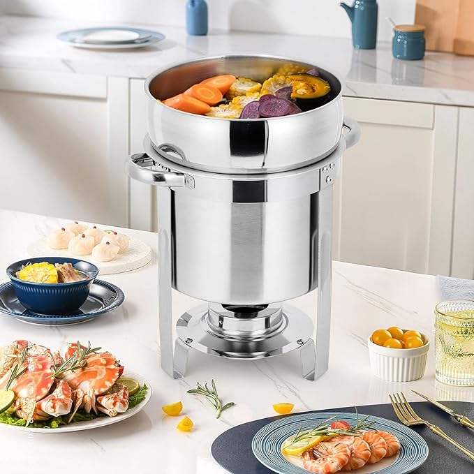 GarveeHome 11QT Soup Chafer Set of 4, Stainless Steel Round Soup Warmer with Pot, Notched Lids & Fuel Holders, Commercial Food Warmer for Buffets, Events and Party Service