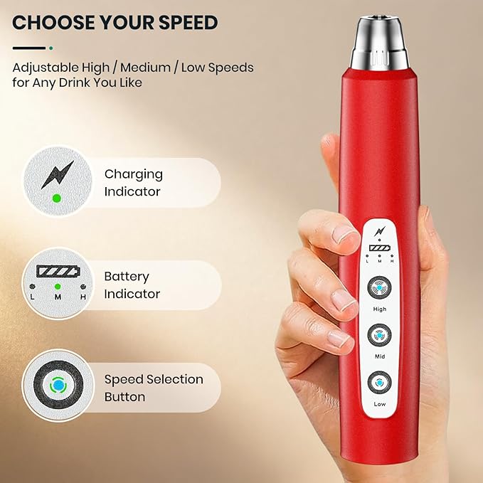 Colarlemo Milk Frother Handheld Rechargeable, Frother Wand Drink Mixer Electric Whisk for Coffee, Detachable With 3 Stainless Whisks, Hand Mixer for Lattes, Cappuccino, Matcha, Egg, No Stand, Red