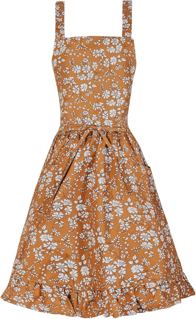 Pinknoke Vintage Pinafore Apron Dress for Women with Pockets Cute Floral Chef Aprons for Kitchen Cooking Baking Gardening