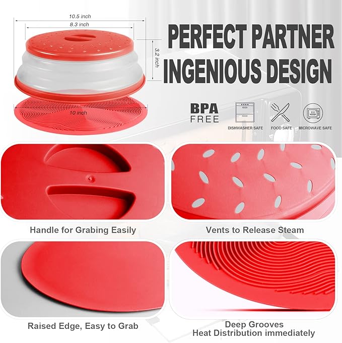 2 in 1, Aidacom Microwave Mat & Food Cover- Mat as Bowl Holder, Cover for Splatter Guard, Multi-use: Silicone Trivet, Pot Holders, Drying, Baking, Place Mat, Utensils Rest for Kitchen Counter, Red
