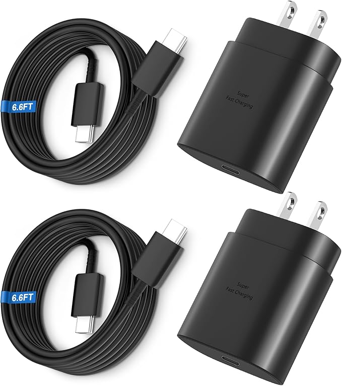 Super Fast Charger Type C, 25W USB C Wall Charger Fast Charging for Samsung Galaxy S25 Ultra/S25/S25+/S24+/S24 Ultra/S24/S24+/S23 Ultra/S22 Ultra/S21 Ultra with 6.6FT Long Type C Charger Cable 2Pack