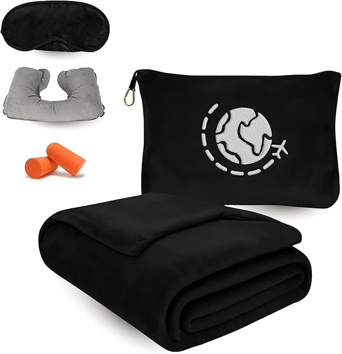 Travel Blanket and Pillow Compact – 4-in-1 Soft Fleece Airplane Blanket with Bag Pillowcase, Neck Pillow, Eye Mask & Earplugs, Lightweight Portable Flight Blanket 60"x43" (Black)