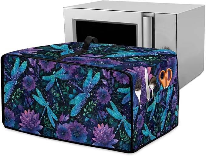 Dragonfly Lotus Print Toaster Oven Cover Compatible with Most Toaster Ovens, Heavy Duty Dust-proof Microwave Oven Cover for Kitchen Counter, Purple (Small-14.5 * 18.46 * 9 inches)