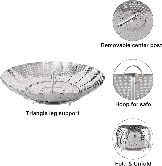 Zocy Steamer Basket, Stainless Steel Vegetable Steam Baskets for Steaming Cooking Expandable to Fit Various Size Pot (5.5" to 9.3")