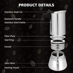 Stovetop Espresso Maker Stainless Steel Moka Pot, 6 cup Espresso Coffee Pots 300ml/10oz(Espresso Cup=50ml/1.7oz), Italian Coffee Maker for Induction Cookers Hobs, Cafe Maker for Camping Home