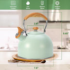 Tea Kettle Stovetop, 2.6 Quart cute teapot,loud whistle kettle, Food Grade Stainless Steel with Fold wood grain handle, Mint Green,With Anti Scald Towel