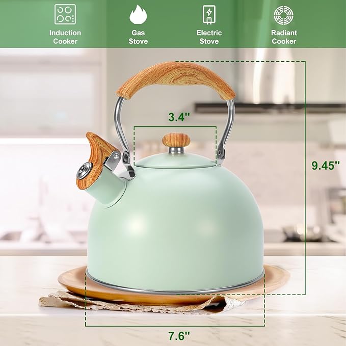 Tea Kettle Stovetop, 2.6 Quart cute teapot,loud whistle kettle, Food Grade Stainless Steel with Fold wood grain handle, Mint Green,With Anti Scald Towel