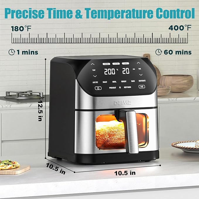Air Fryer 6.2 QT Large Capacity Oilless Hot Air Fryers Oven 1500W Healthy Cooker with 10 Presets, Digital LCD Touch Screen, Visual Cooking Window, Non-Stick Basket, Included Recipe (Silver-L)