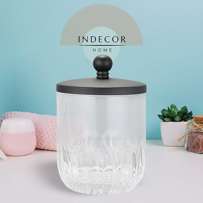 Glass Jar with Metal Lid for Bathroom Organization, Clear Apothecary Jar for Cotton Balls, Q Tips, and Small Accessories, Stylish Bathroom Storage Container Black
