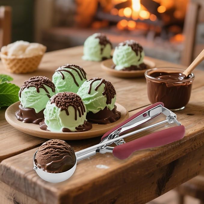 Cookie Scoops for Baking Set of 3, 18/8 Stainless Steel Ice Cream Scoop, 1 Tbsp/2 Tbsp/3 Tbsp Cookie Dough Scoop, Red/Black/Burgundy Non-slip Grip, for Cookie Cupcake Muffin Ice Cream