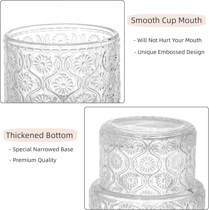 AVLA 8 Pack Vintage Drinking Glassware, 7 oz Romantic Water Juice Glass Tumbler Cup, Clear Stackable Coffee Cocktail Bar Drinkware for Beverages, Tea, Milk, Yogurt, Whiskey, Embossed Floral Pattern